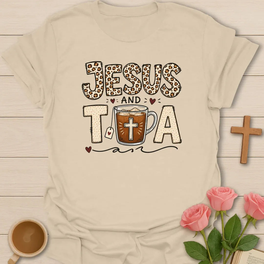 Jesus and Tea shirt with leopard print lettering, iced tea cup, cross, tea tag, hearts, and bold vintage style. - Sand
