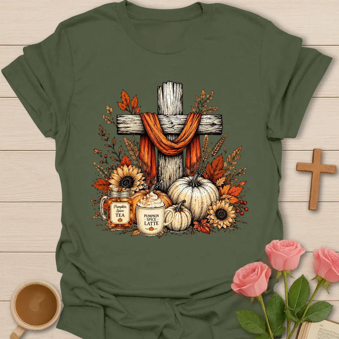 Jesus Pumpkin Spice Tea shirt with rustic wooden cross, orange scarf, pumpkins, sunflower, pumpkin spice tea jar, latte, and autumn leaves. - Military Green