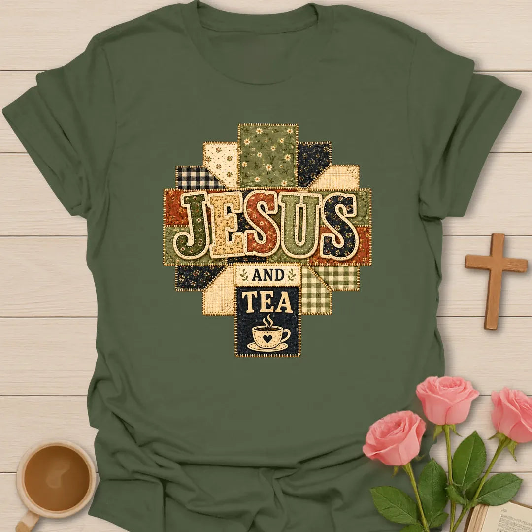 Jesus and Tea faux patchwork shirt with quilted cross shape, stitched fabric letters, teacup icon, florals, gingham, and vintage textures. - Military Green