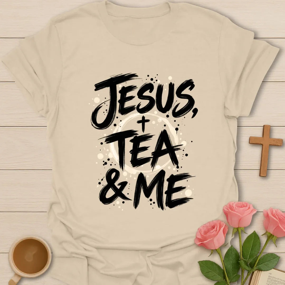 Jesus Tea and Me shirt with tea stain artwork and faith-inspired lettering. - Sand