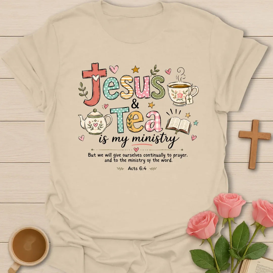 Jesus Tea Ministry shirt with teacup, cross, and cream vintage lettering. - Sand