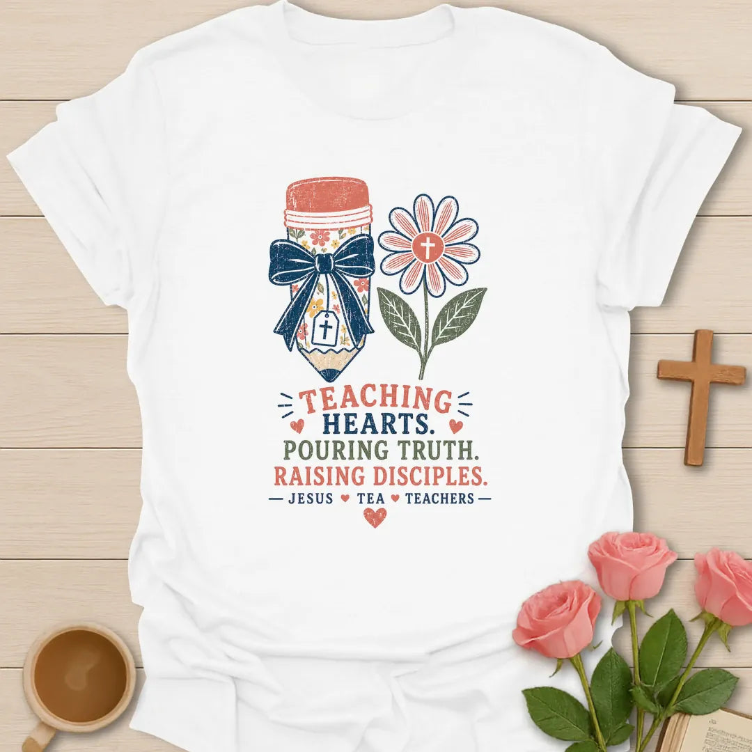 Jesus Tea and Teachers shirt with teacup, books labeled Teach Love Inspire, pencil cup, flower, hearts, and vintage boutique colors. - White