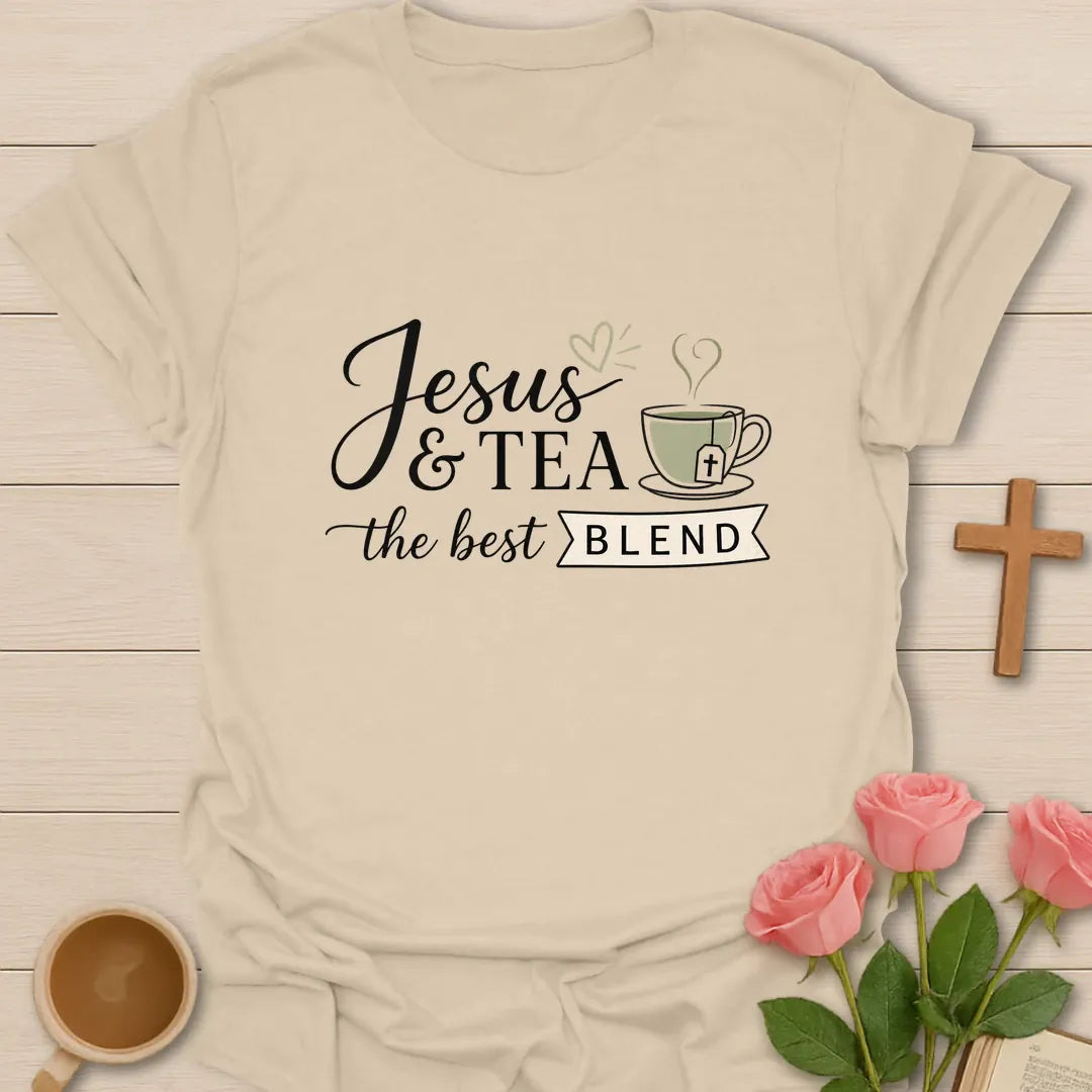 Jesus and Tea The Best Blend shirt with teacup, cross, and cream vintage lettering. - Sand