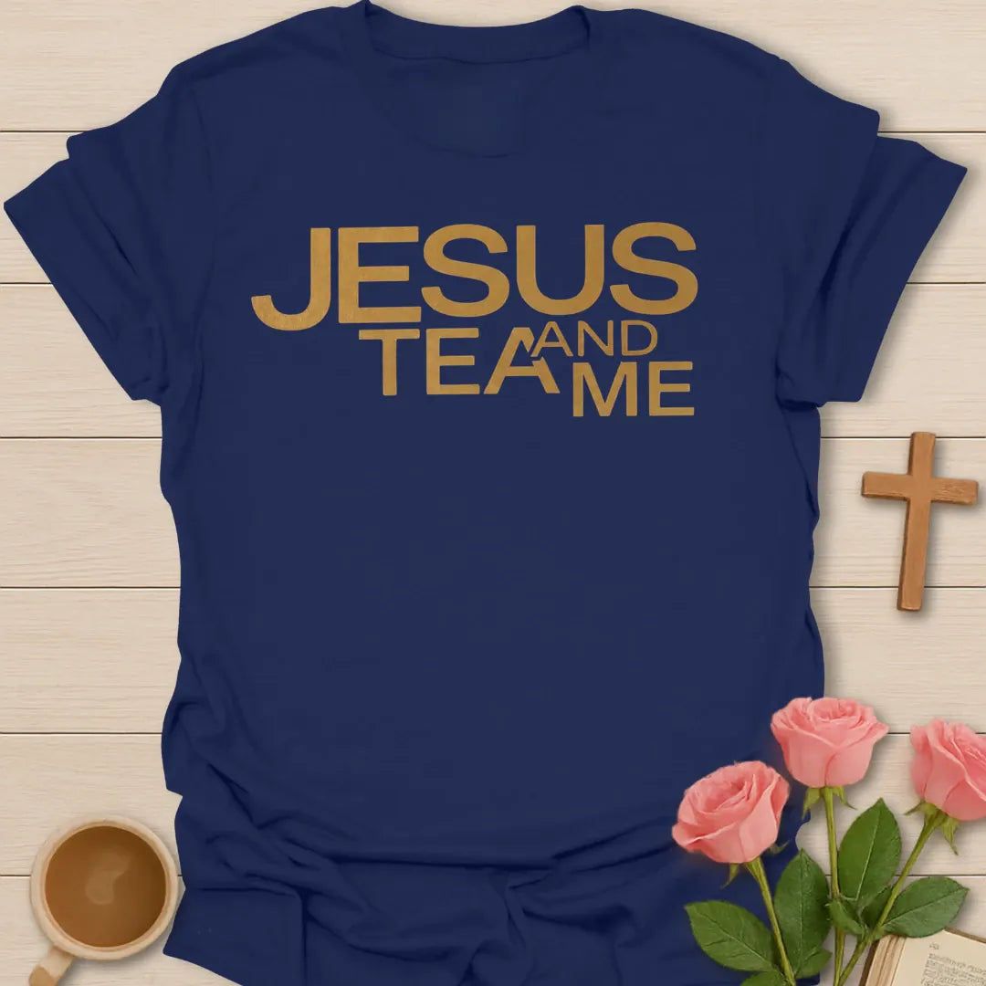 Jesus Tea and Me shirt with bold gold lettering and minimalist Christian tea design. - Navy