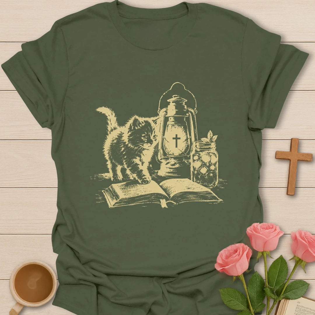 Kitty A Lamp Under My Feet shirt with cute kitty, Bible, and faith-inspired lettering. - Military Green