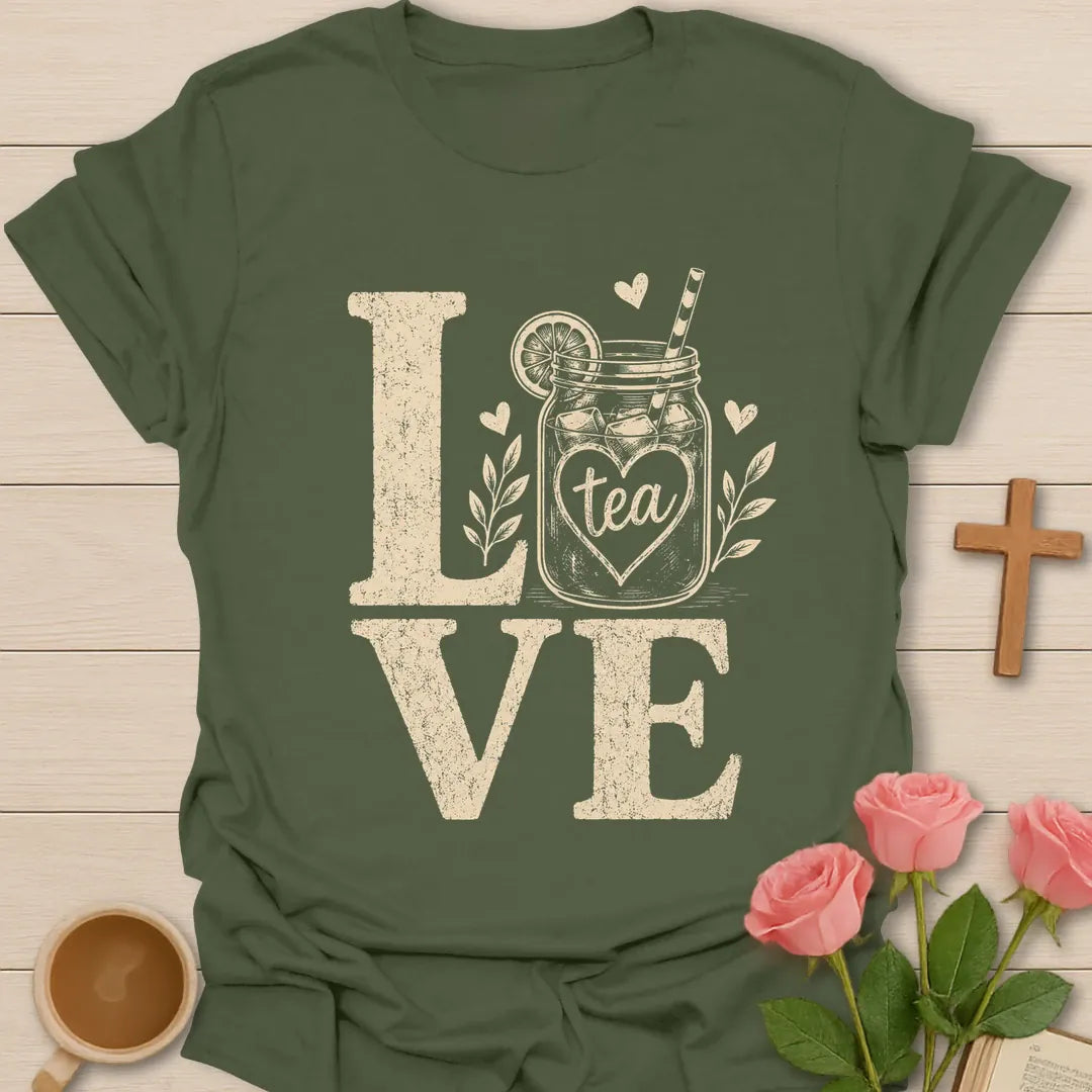 Love Sweet Tea shirt with mason jar iced tea, lemon slice, straw, hearts, leaves, and distressed cream lettering. - Military Green