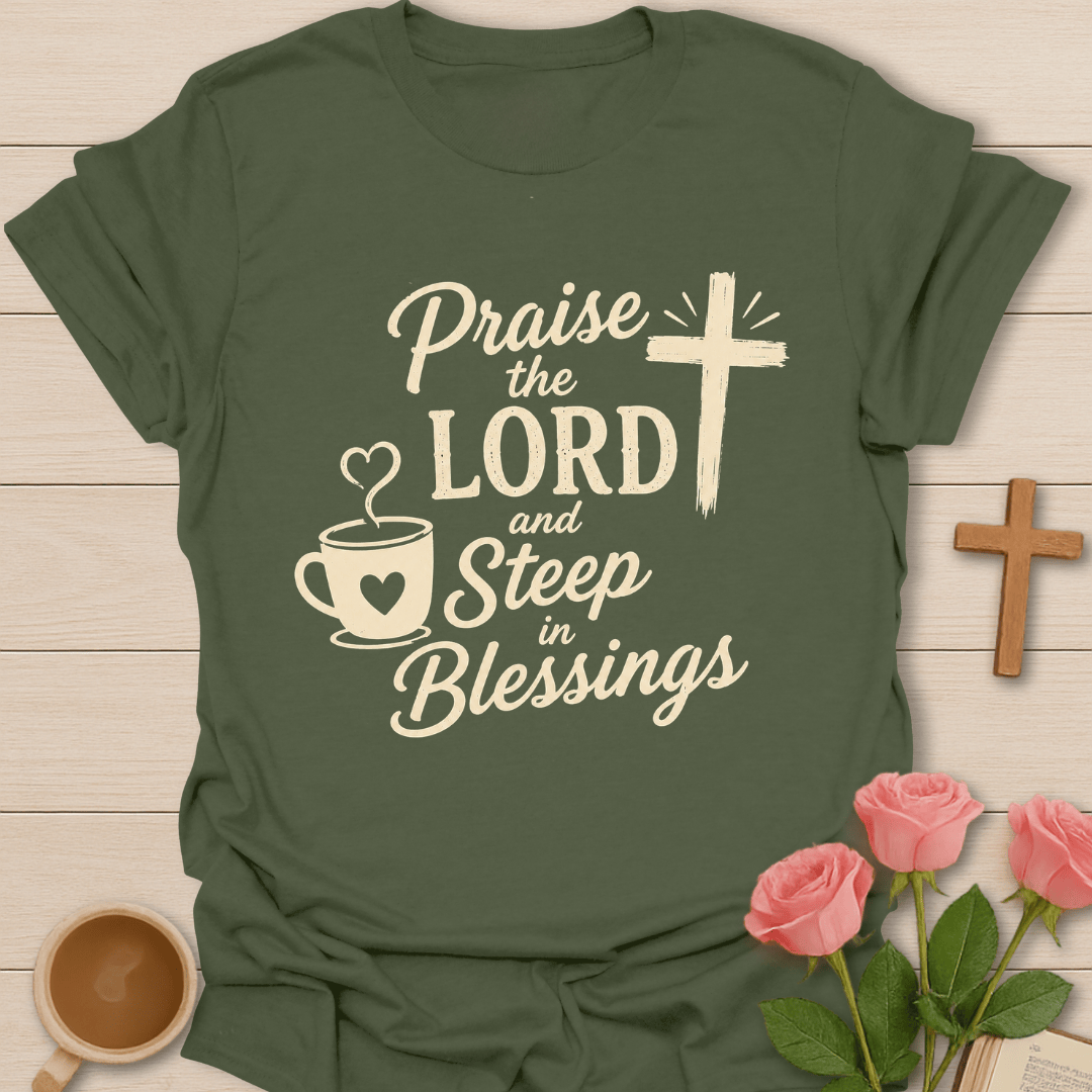 Steeping in Blessings T-Shirt KozzyCo Christian and tea lover design