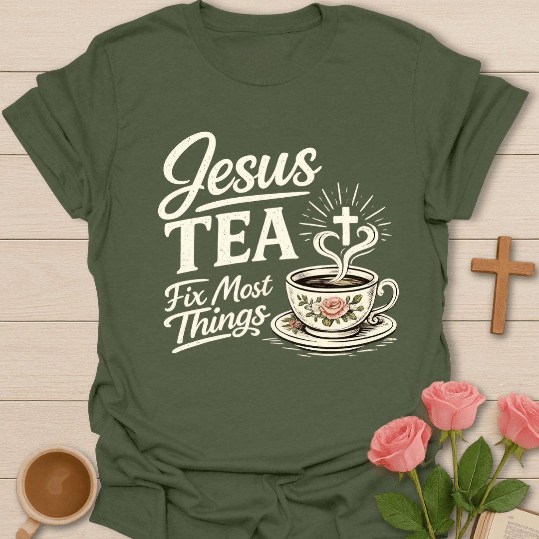 Jesus & Tea Fixes Things T-Shirt KozzyCo Christian and tea lover design