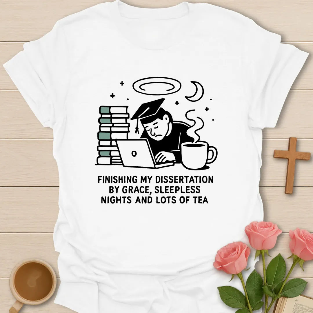 Finishing my PhD by grace shirt with navy and cream typography, graduation cap, teacup with heart, steam, and elegant script. - White