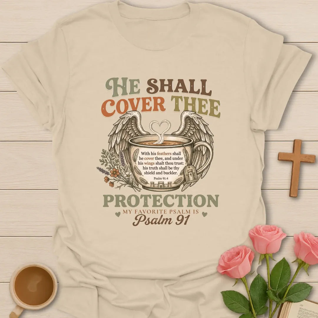 Protection Psalm 91 shirt with wings, cross, and cream vintage lettering. - Sand