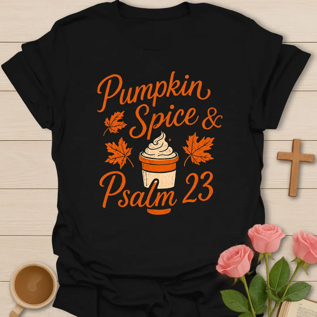 Pumpkin Spice Latte and Psalm 23 shirt with pumpkin, coffee cup, cross, and fall vintage lettering. - Black