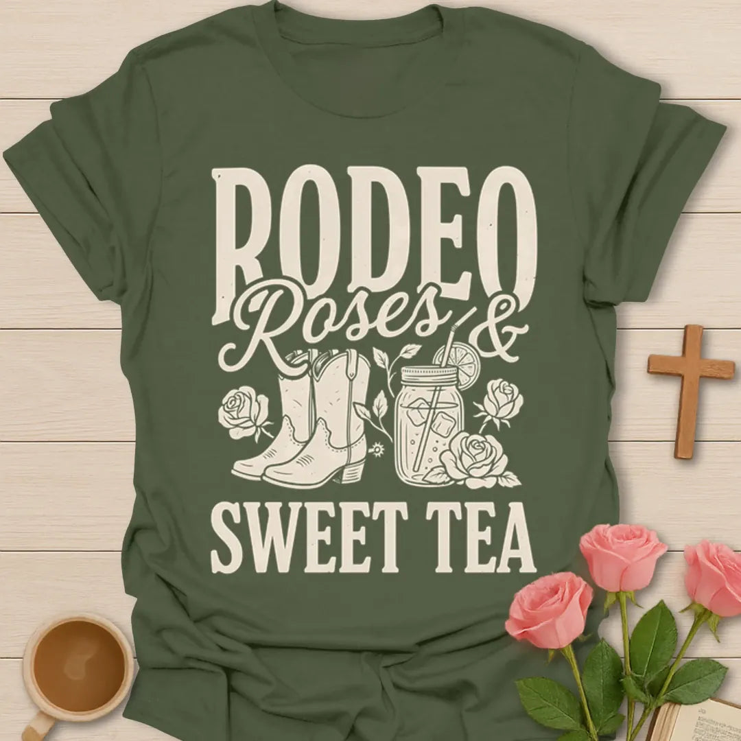 Western sweet tea shirt with Rodeo Roses and Sweet Tea phrase, cowgirl boots, mason jar tea, and roses - Military Green