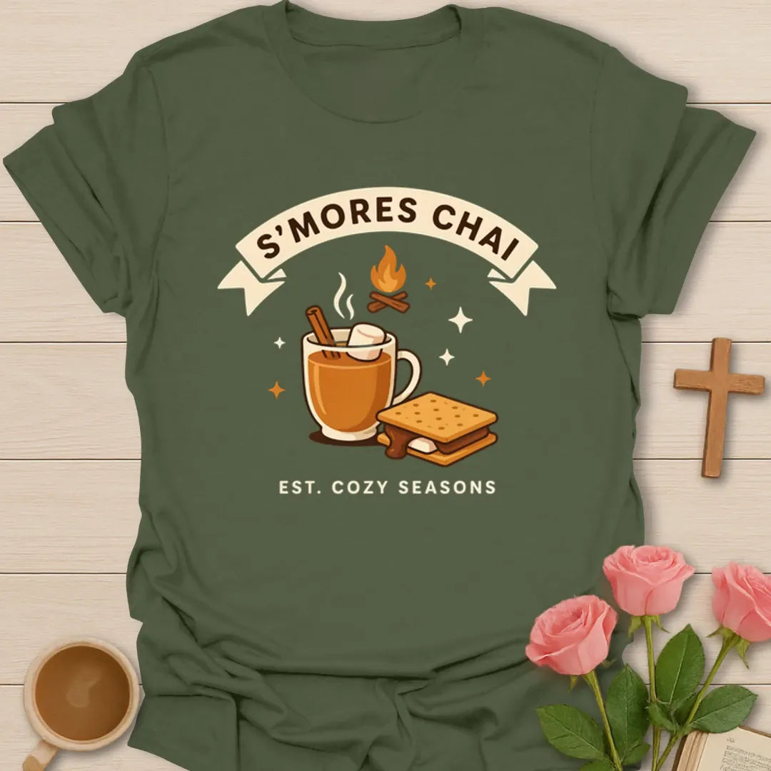 S’mores Chai cozy season shirt with chai mug, marshmallows, campfire flame, graham cracker, and banner text - Military Green