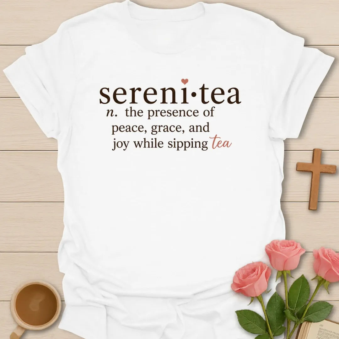 Sereni-Tea shirt with teacup, steam, and calming vintage lettering. - White