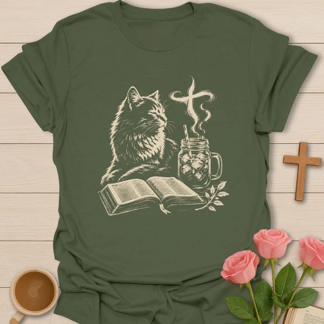 Sip Sweet Tea cat shirt with cute cat, teacup, and faith-inspired lettering. - Military Green