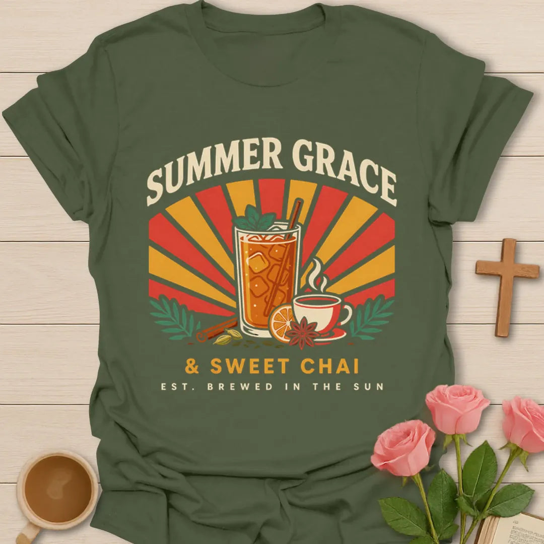 Summer Grace and Sweet Chai shirt with iced chai, teacup, orange slice, cinnamon, spices, and retro sunburst - Military Green