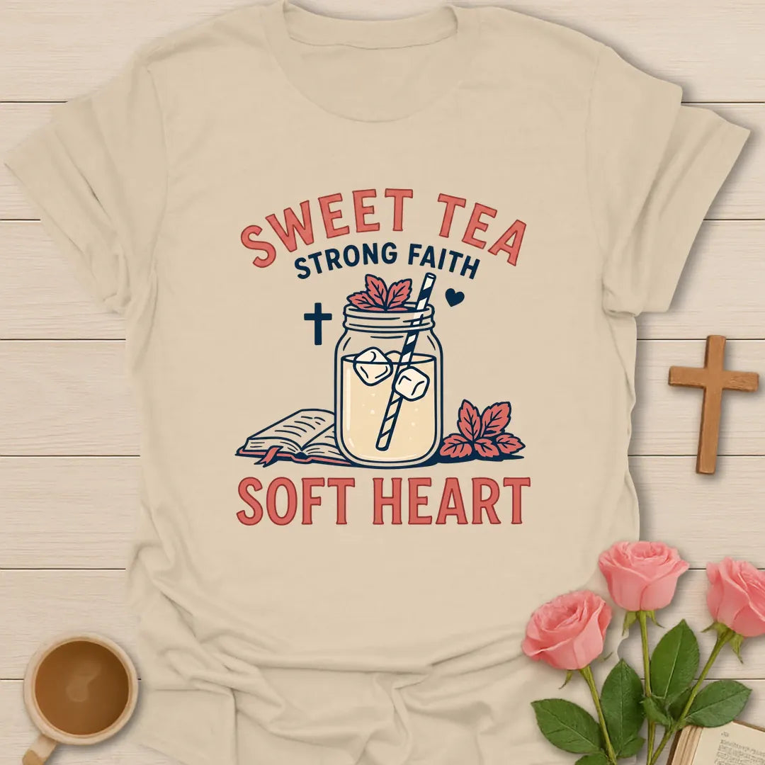 Sweet Tea Strong Faith shirt with mason jar sweet tea, florals, and cream vintage lettering. - Sand