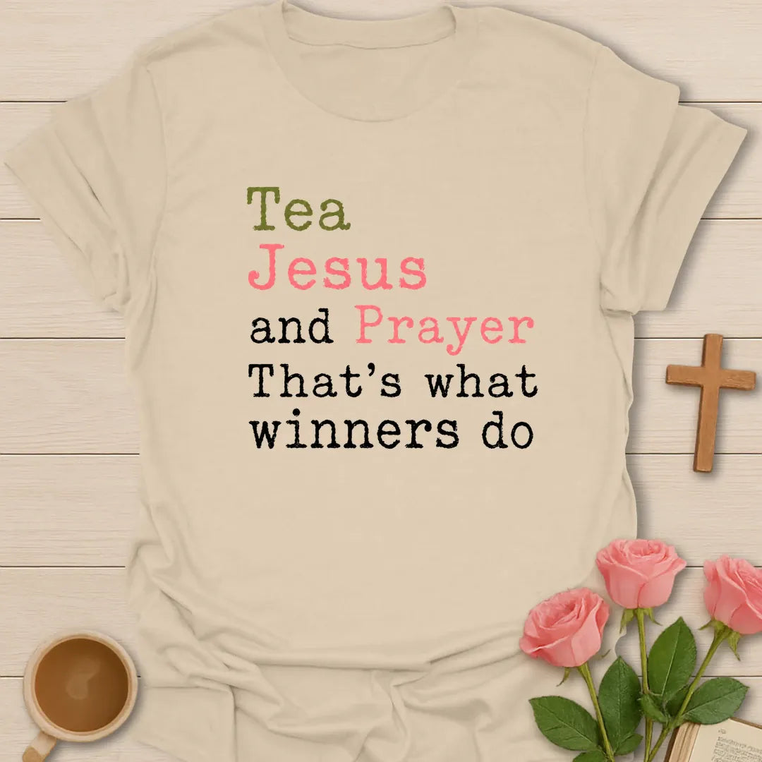 Tea, Jesus and Prayer Winners shirt with teacup, cross, and cream vintage lettering. - Sand