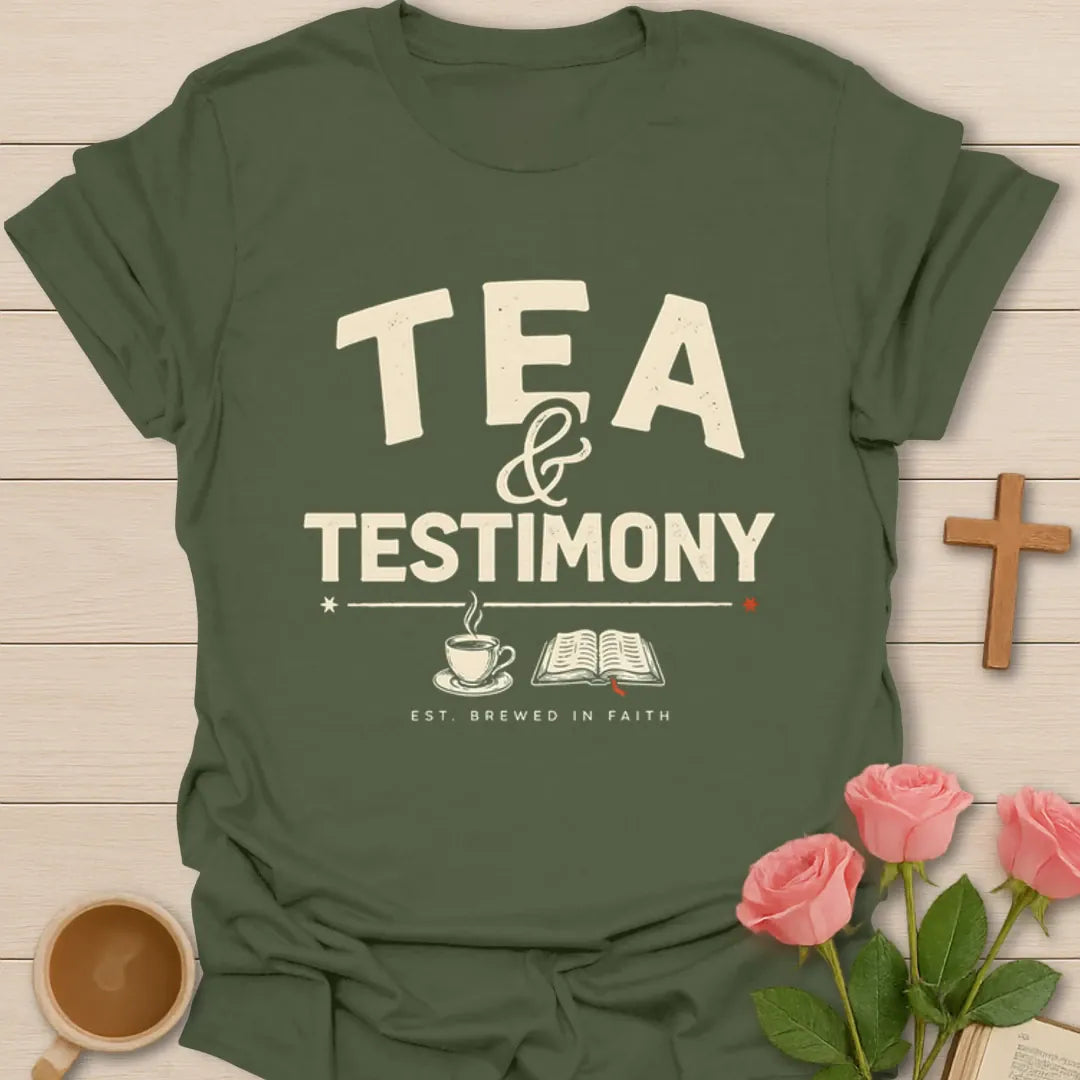 Tea and Testimony Christian shirt with bold vintage lettering, small teacup, open Bible, and Brewed In Faith text - Military Green