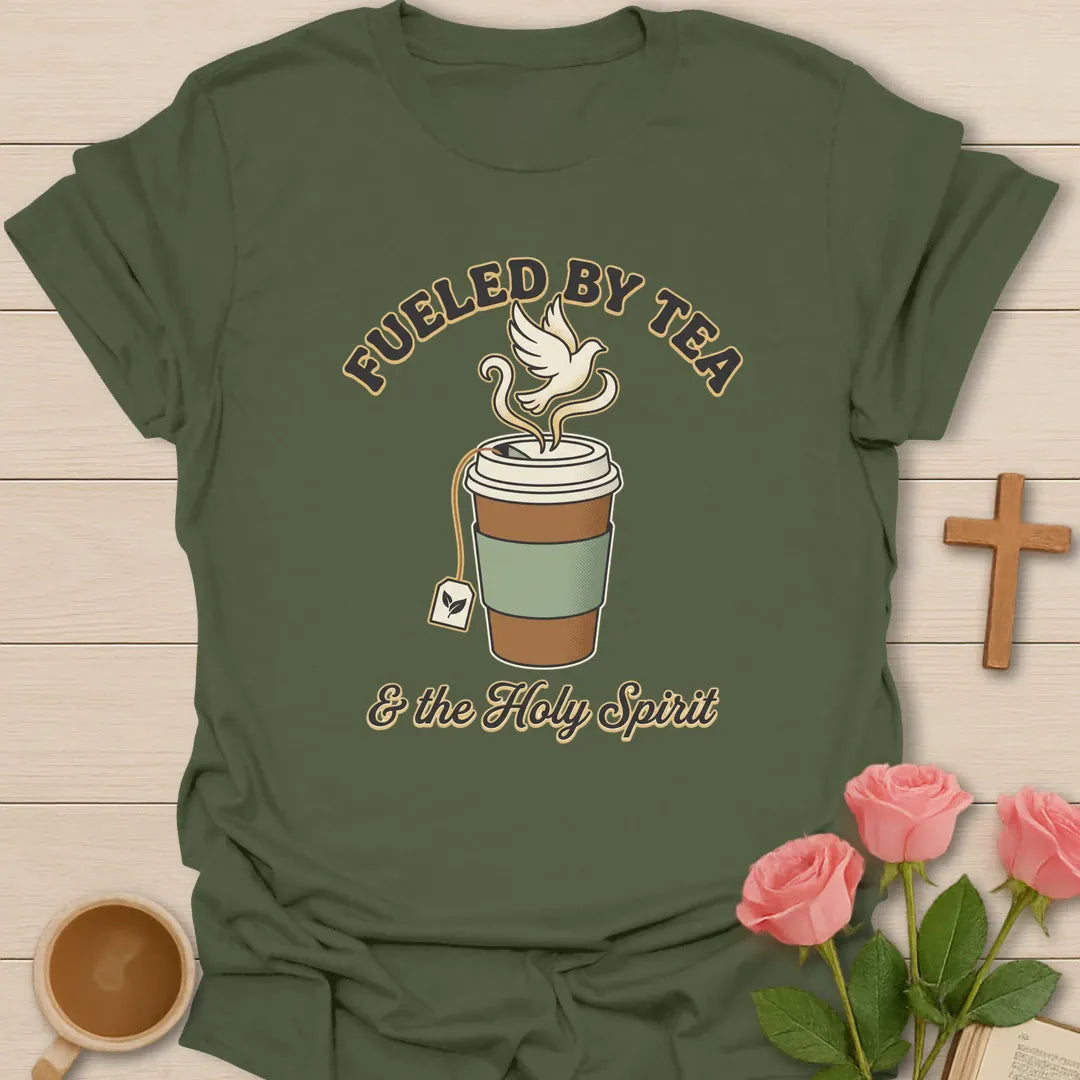 Tea and The Holy Spirit shirt with teacup, dove, and cream vintage lettering. - Military Green