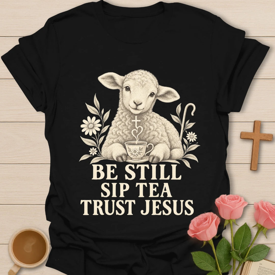 Tea Trust Jesus lamb shirt with cute lamb, teacup, and faith-inspired lettering. - Black