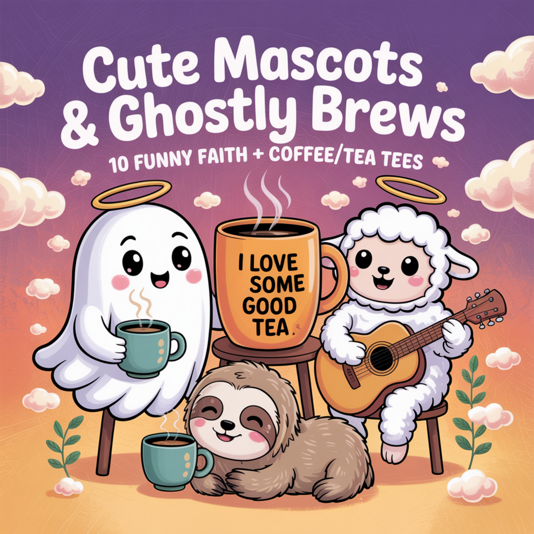 Banner: ‘Cute Mascots & Ghostly Brews’ with cartoon ghost, sloth, and lamb drinking coffee and tea.