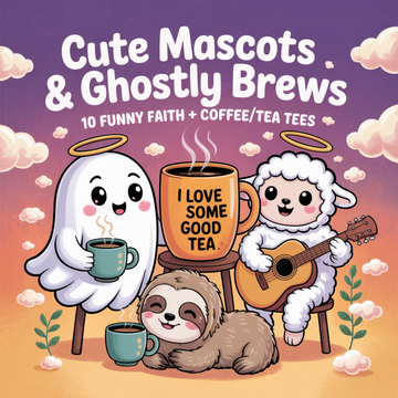 Banner: ‘Cute Mascots & Ghostly Brews’ with cartoon ghost, sloth, and lamb drinking coffee and tea.
