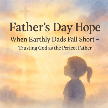 Pastel sunrise banner: little girl looking toward a faint cross with headline “Father’s Day Hope – Trusting God as the Perfect Father."