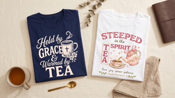 Proverbs 31 woman inspired flat lay with folded Christian tea t-shirts, a mug of tea and dried eucalyptus on cream linen