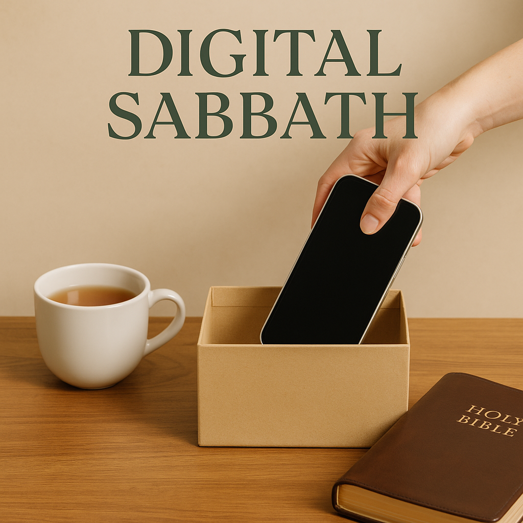 Digital Sabbath: a woman putting a cell phone in a box with a cup of tea and bible next to it.  
