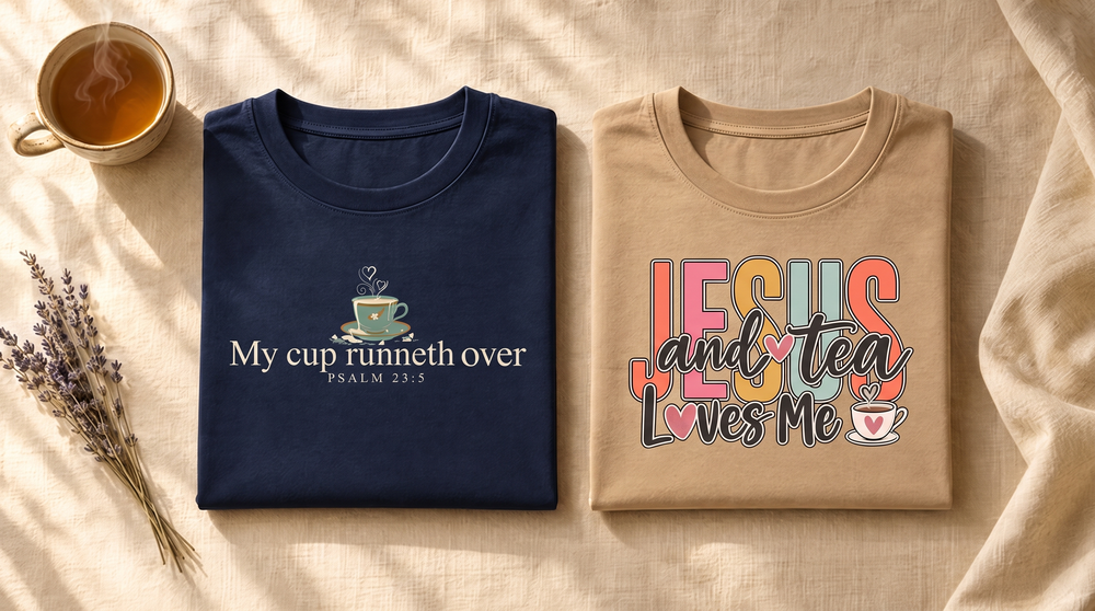Faith-based gift guide flat lay with a navy My Cup Runneth Over Christian tea t-shirt and a sand Jesus and Tea Loves Me t-shirt folded beside a steaming teacup