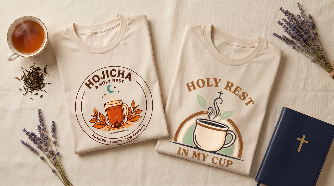 Best teas for rest flat lay with folded KozzyCo Hojicha Holy Rest and Holy Rest In My Cup Christian tea t-shirts, teacup and lavender