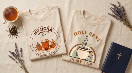 Best teas for rest flat lay with folded KozzyCo Hojicha Holy Rest and Holy Rest In My Cup Christian tea t-shirts, teacup and lavender