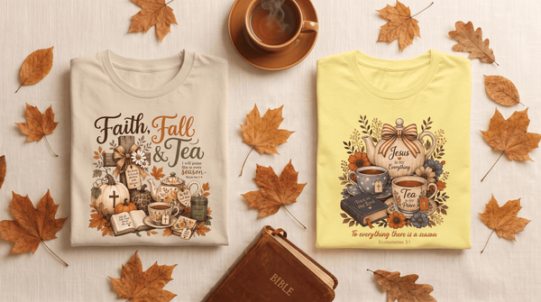 Flat lay of folded fall faith and tea t-shirts with a steaming teacup, autumn leaves, and an open Bible, styled for a cozy autumn devotional