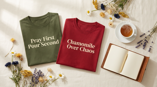 Morning quiet time with tea, Bible, journal, and KozzyCo faith t-shirts on cream linen