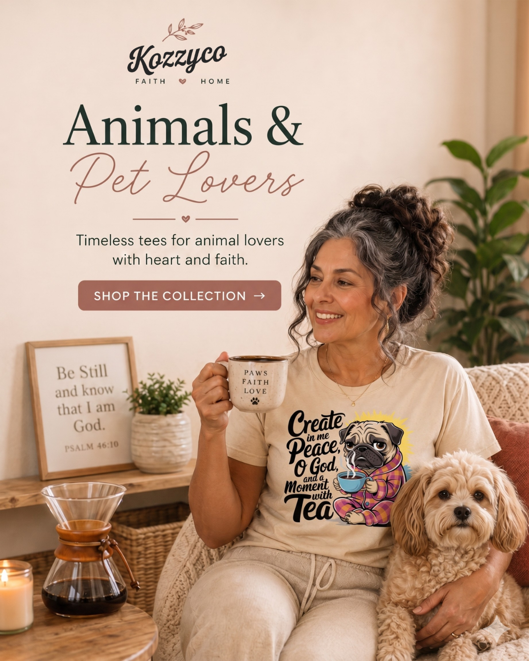 Cheerful woman in a humorous Peaceful Dog Tea T-shirt holding a mug on a cozy sofa with blanket and candle, with Funny Faith + Tea collection text above.