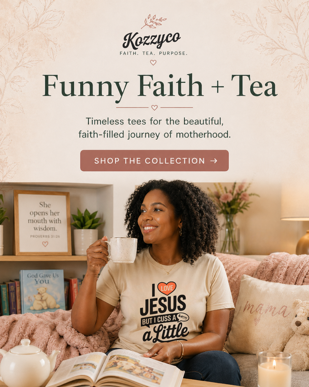 Cheerful woman in a humorous Keepin' It Real T-shirt holding a mug on a cozy sofa with blanket and candle, with Funny Faith + Tea collection text above.
