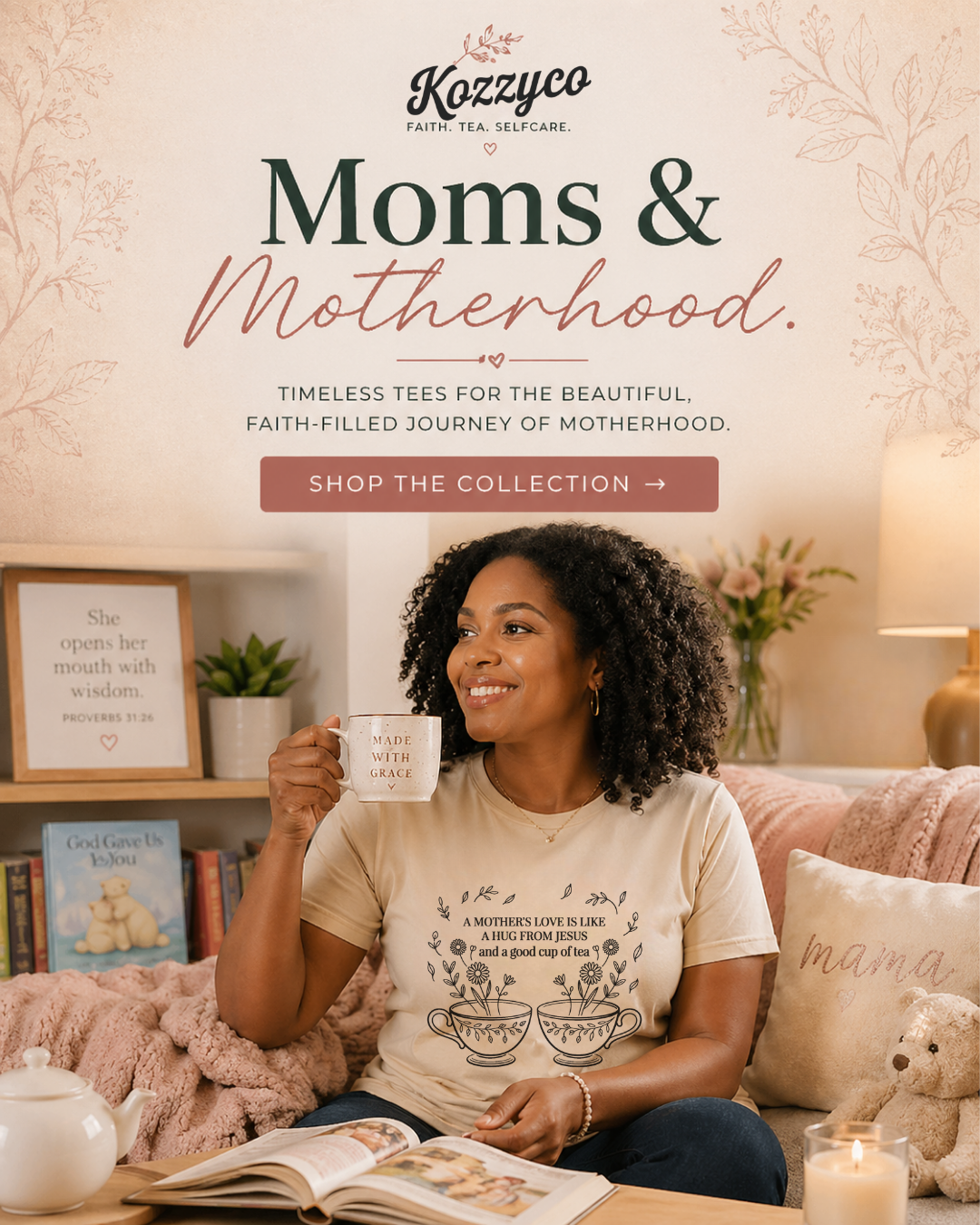 Black woman in a Mother's Love & Tea T-shirt holding a mug in a cozy family room with children’s book, teddy bear, and Moms & Motherhood collection text above.