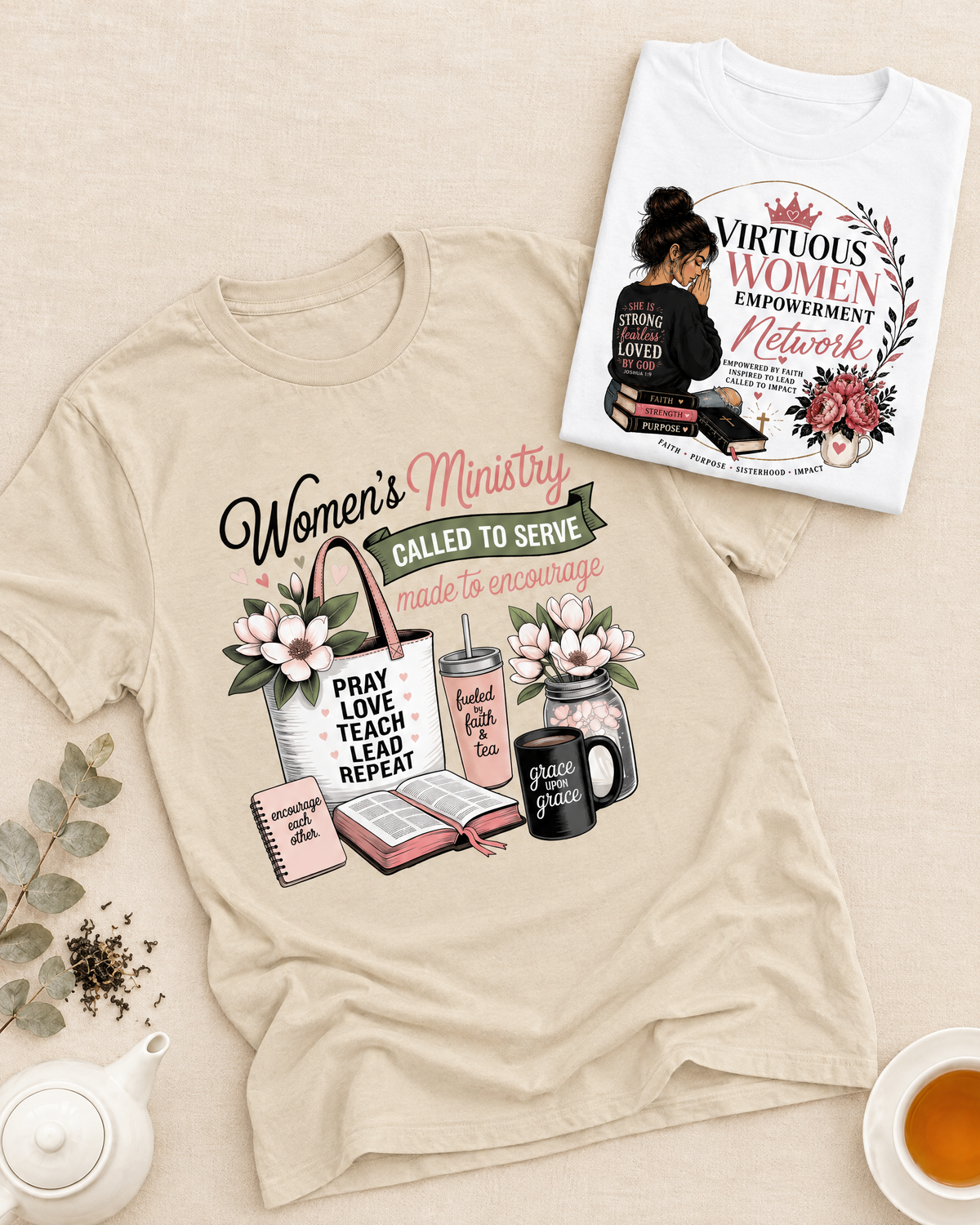 Black woman in a Mother's Love & Tea T-shirt holding a mug in a cozy family room with children’s book, teddy bear, and Moms & Motherhood collection text above.