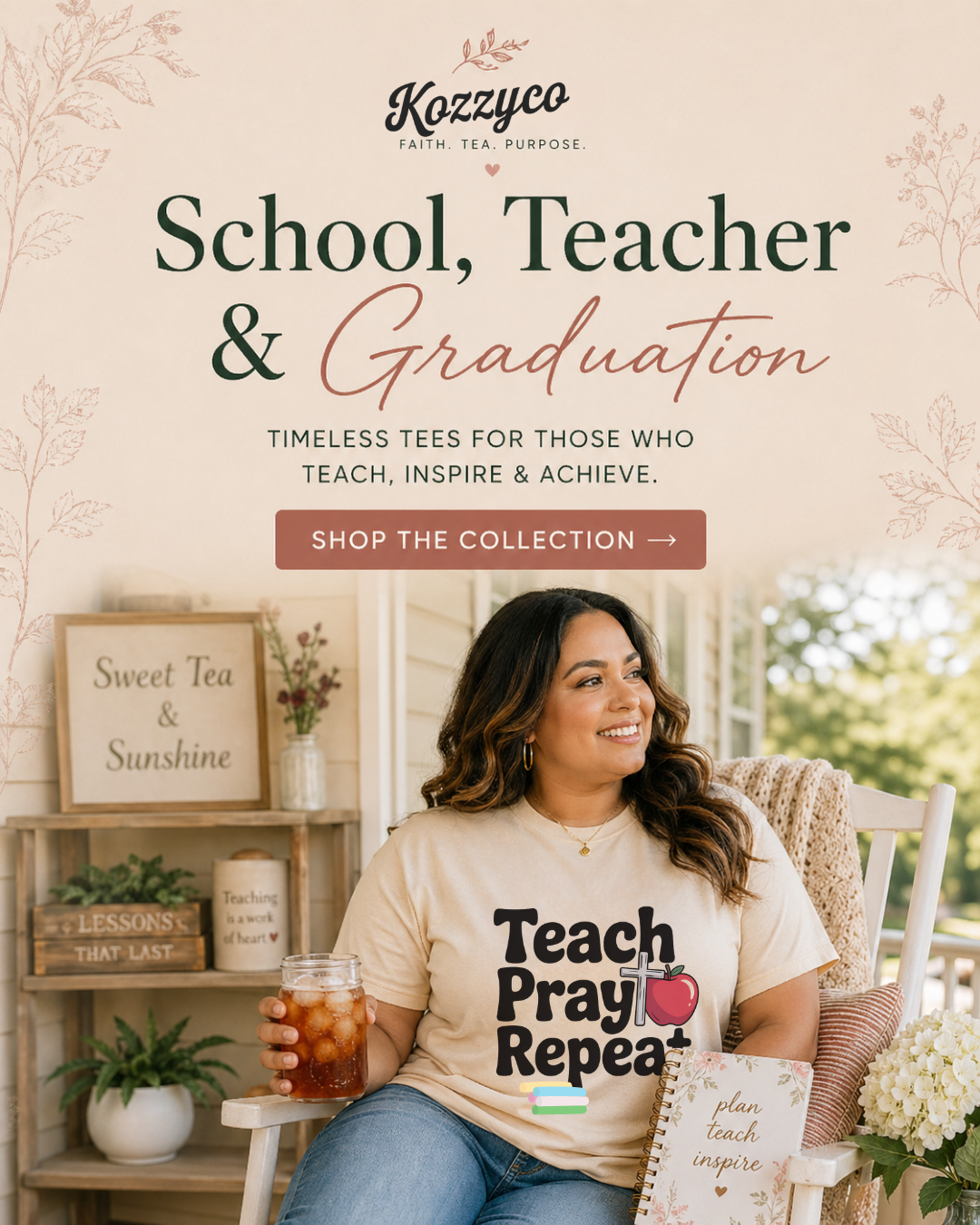 Woman in a Teach Pray Repeat T-shirt holding iced tea on a porch with notebook, books, and graduation accents, with School, Teacher & Graduation collection text above.