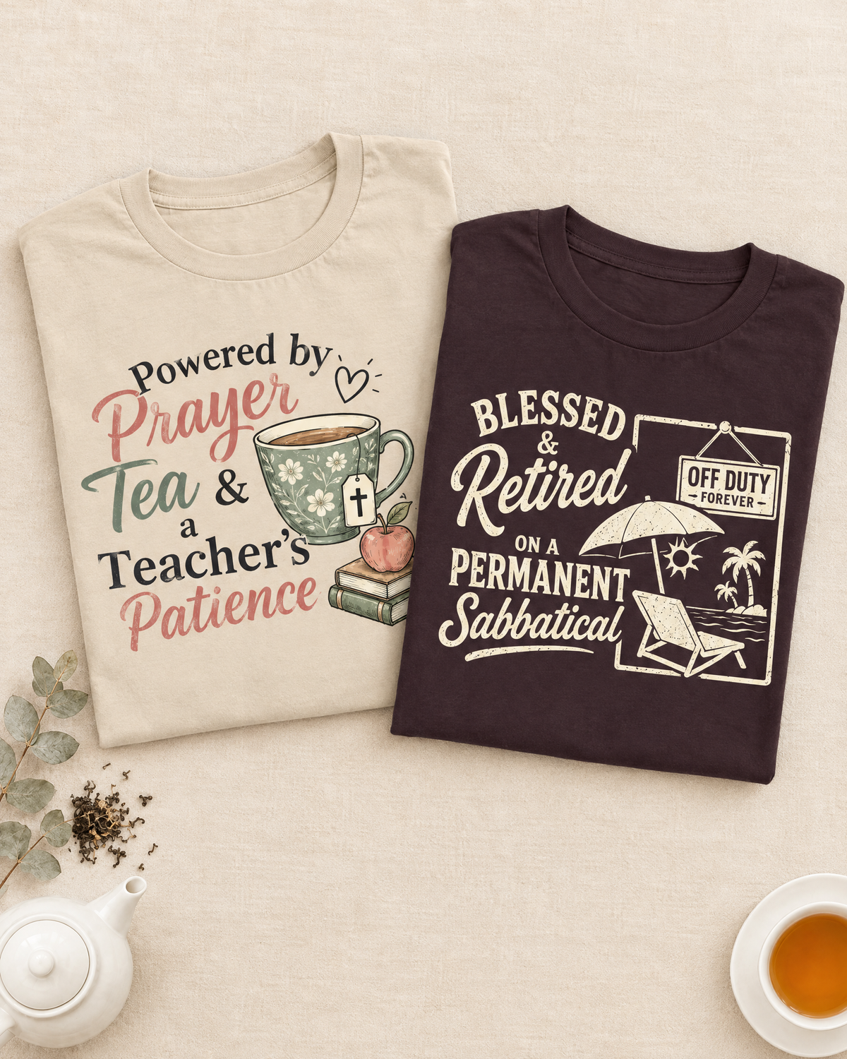 Woman in a Teach Pray Repeat T-shirt holding iced tea on a porch with notebook, books, and graduation accents, with School, Teacher & Graduation collection text above.