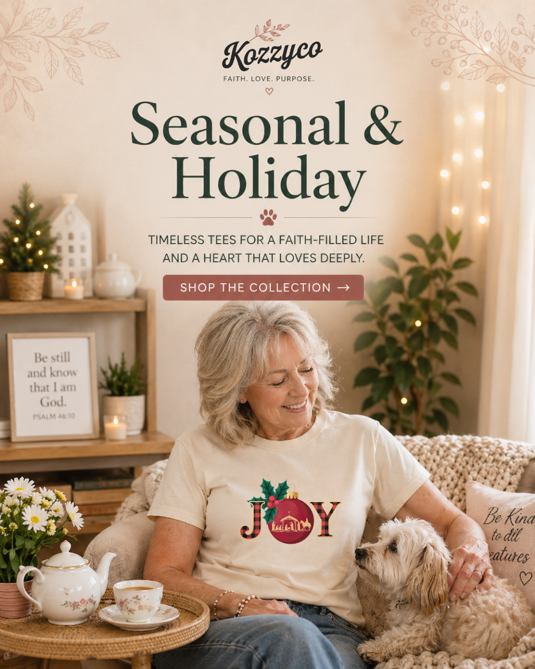 Older woman in The Joy Nativity ChristmasT-shirt sitting with a small dog in a warmly decorated seasonal room, with Seasonal & Holiday collection text above.