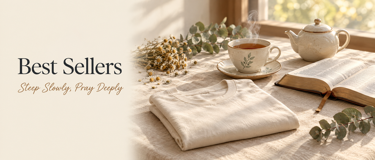 KozzyCo Best Sellers - Steep Slowly, Pray Deeply: teacup, open Bible and folded t-shirt in sage and cream