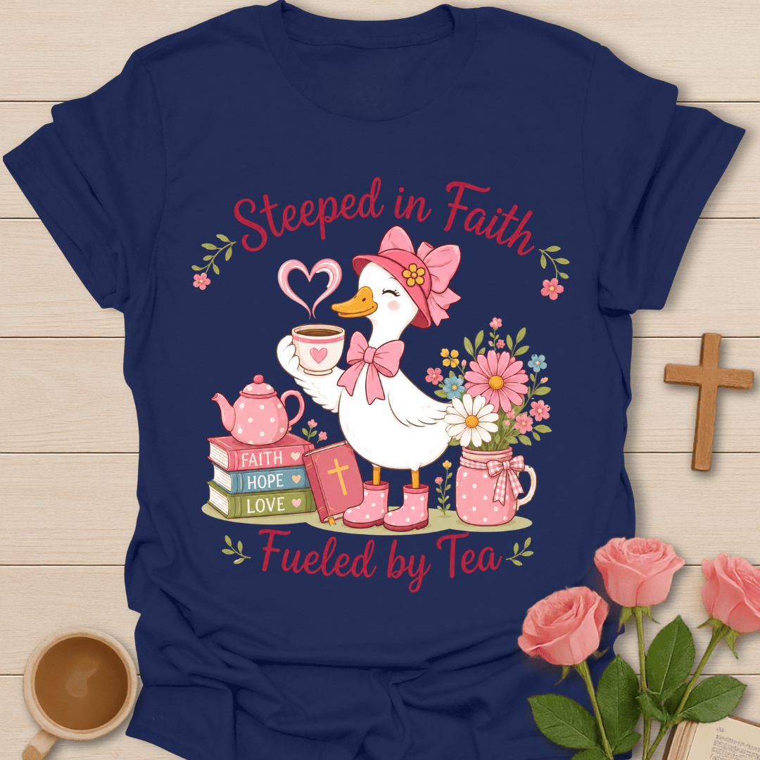 Duck Steeped In Faith Tea T-Shirt KozzyCo Christian and tea lover design