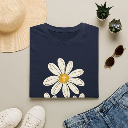 Jesus Tea & Me Daisy shirt with daisy artwork and faith-inspired lettering. - Navy