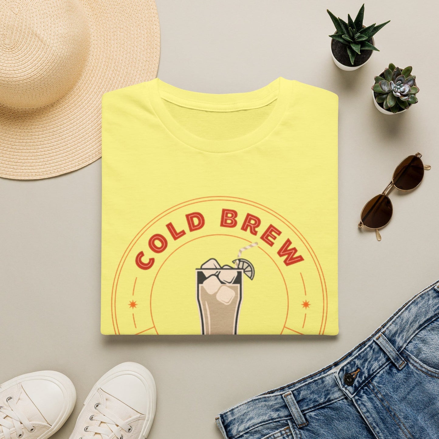Cold Brew Coffee Co shirt with iced coffee glass, retro badge, orange lettering, and Ice Cold Coffee Co text