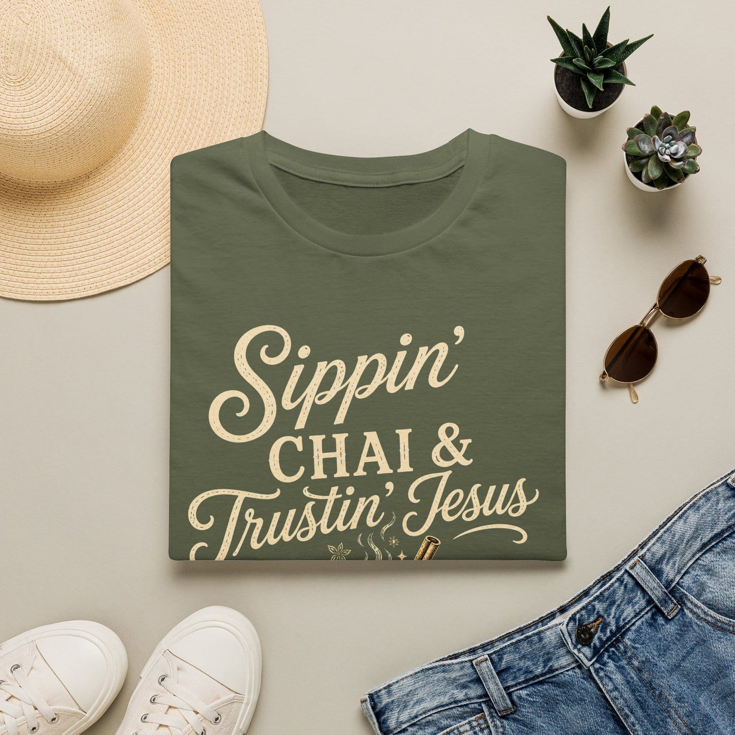 Sippin Chai and Trustin Jesus shirt with mason jar chai, straw, cross tea tag, steam, flowers, and cream vintage lettering.