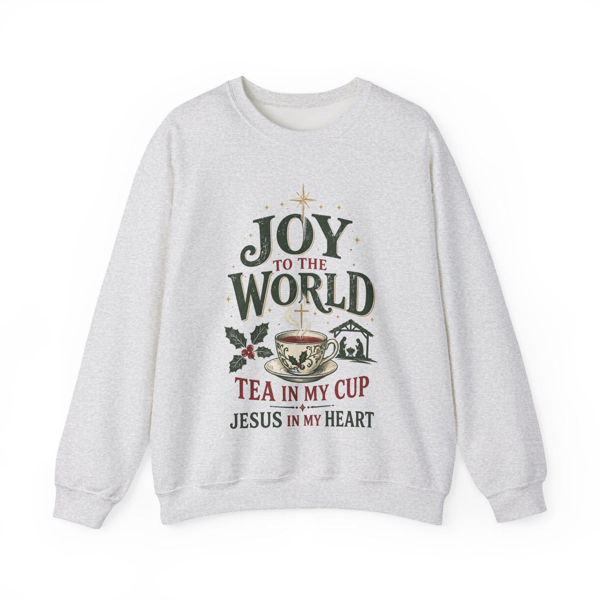 Joy To The World Christmas sweatshirt with festive teacup and holiday lettering