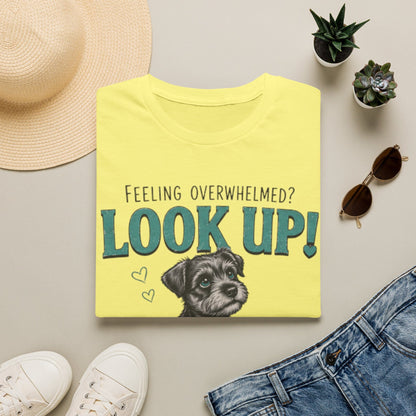 Look Up Christian shirt with cute dog holding Jesus tea mug and 1 Peter 5:7 encouragement text.