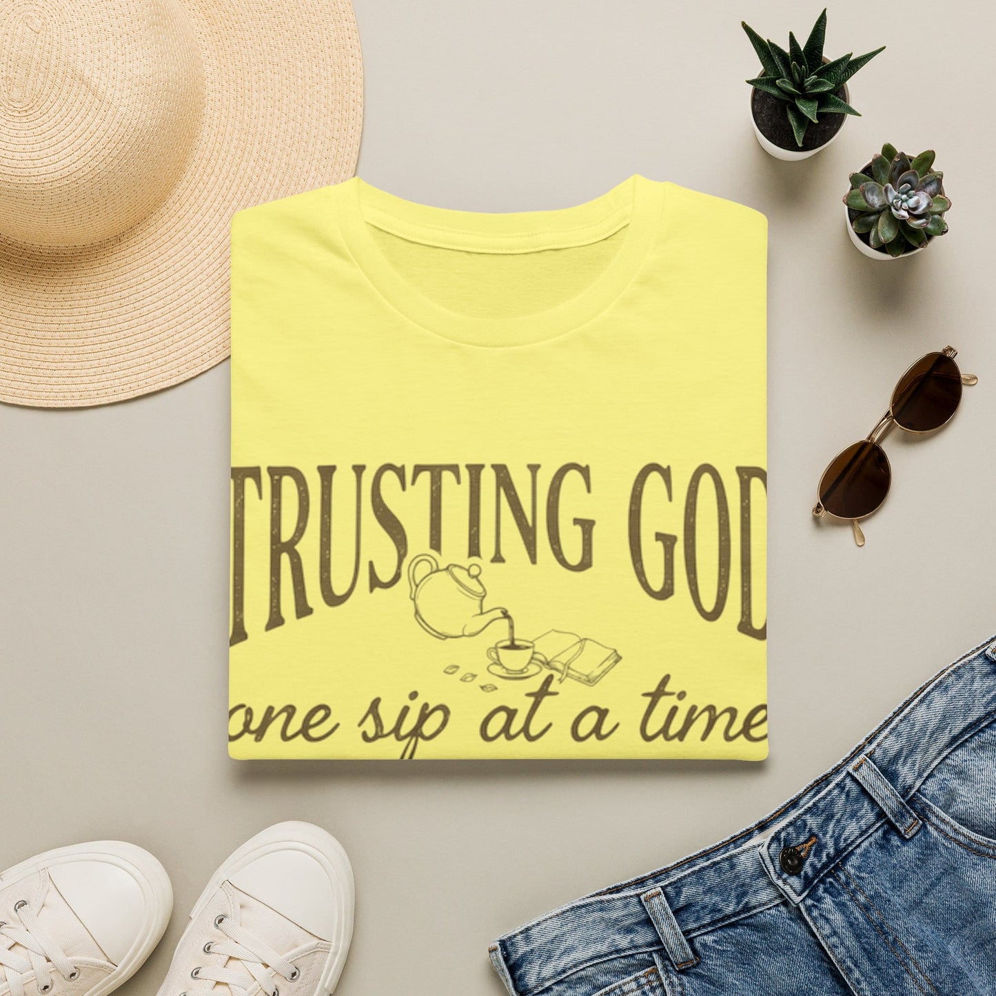 Trusting God One Sip At A Time Christian tea shirt with teapot and vintage brown lettering